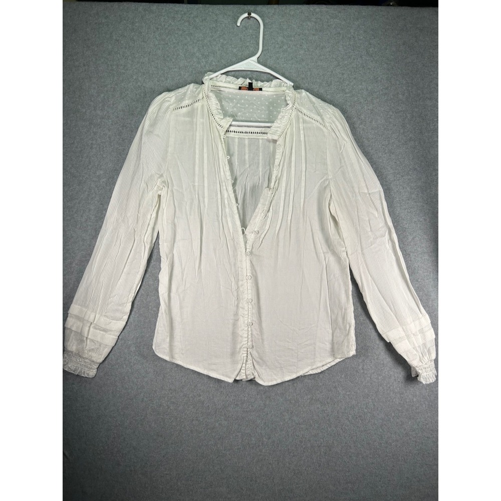 DMG*Quince Organic Cotton Swiss Dot Pintuck Ruffle Blouse White Gauze Size S